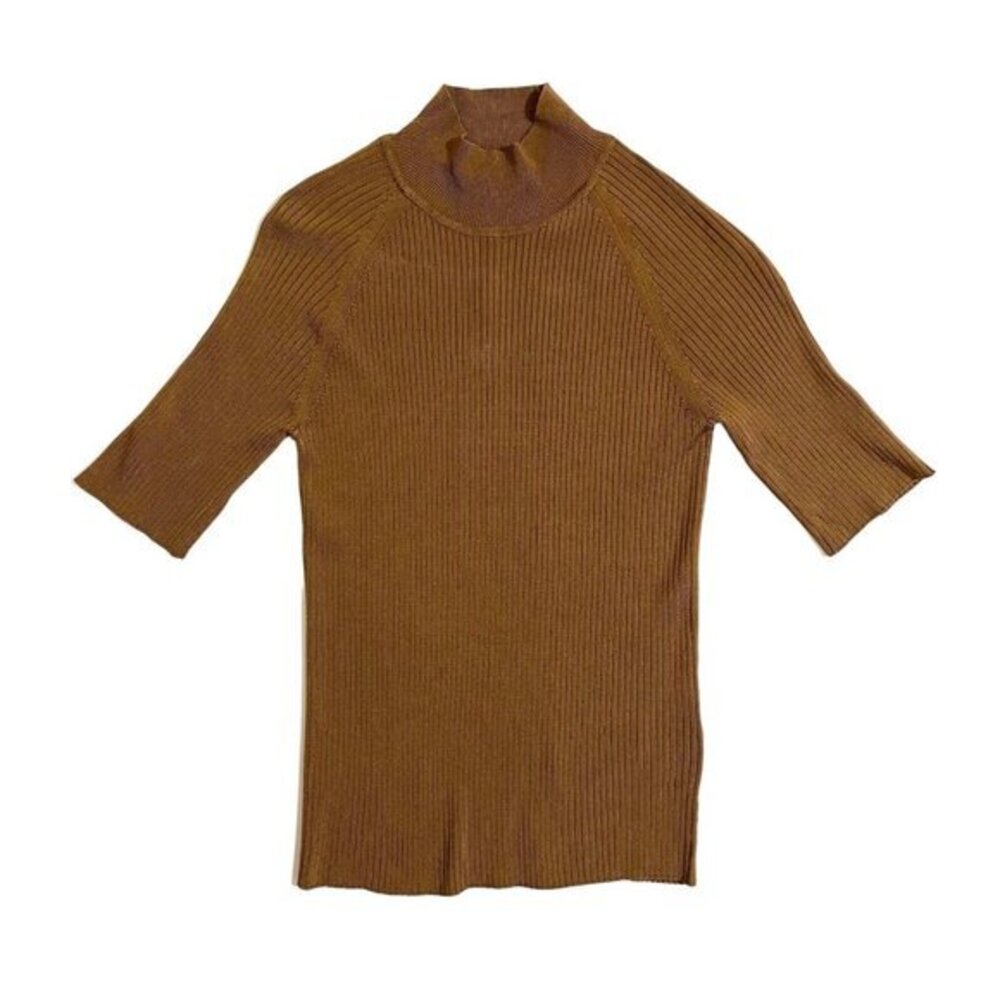 T Tahari Brown Mock Neck Short Sleeve Knit Top Pullover SZ XS NWT